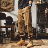 Riolio  Loose Fit Cotton Work Trousers for Men with Elastic Waist Baggy Outdoor Wear Resistant Cargo Pants Summer Autumn Seasonal Wear