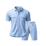 Riolio New Men's Suit Short Sleeve Shorts Two-Piece Set Summer Solid Color Multi-Pocket Workwear Style Sports Casual Loose Shirt Set