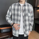 Riolio  Men Vintage Classic Plaid Appliques Pocket Shirts Autumn Trendy Lapel Long Sleeve Loose Tops Casual Streetwear Camisas De Hombre