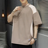 Riolio  Contrasted Color Splicing Short-sleeved T-shirt Men's Summer Two-piece Casual Loose Round Neck Pullover