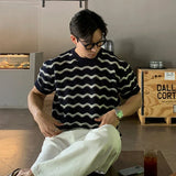 Riolio Summer Men's Knit Jacquard Short Sleeve T-shirts Striped Hollow Out Casual Tshirts New Y2K Vintage Streetwear Tee Tops