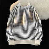 Riolio  Men's Tri-color Striped Sweatshirt American Classic Style Retro Casual Round Neck Top Unisex College Style Trendy Menswear