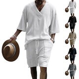 Riolio New Summer Men's Set Loose Casual Sports Suit High-quality Jacquard V-neck Short-sleeved Shorts Two-piece Men's Clothing