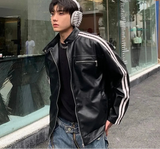 Riolio Retro Leather Jacket Men Women  American Patchwork Strip Racing Outerwear Loose Hip Hop Zippers Brown PU Coat Streetwear Spring