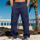 Riolio  Summer Men Straight‑Leg Cargo Pants Light‑Weight Fabric Daily Wear Elastic Waist Multi‑Pocket Outdoor Casual Trousers