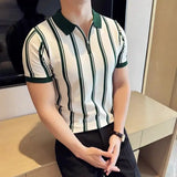 Riolio  Korean Fashion Men Polo Shirts Summer Trend Smart Casual Lapel Striped Contrast Color Half Zipper Short Sleeve Slim Knitted Tops