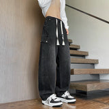 Riolio  Straight Leg Jeans Elastic Waist 2025 New Patchwork Design Utility Cargo Pants Men Big Side Pockets Autumn Workwear Trousers