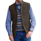 Riolio  Men Vest Brown Herringbone Single Button Stand Collar Waistcoat For Wedding Business Banquet Work Daily Casual Men Suit Vest