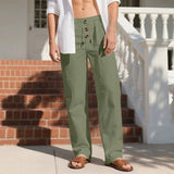 Riolio  Men's High Waist Linen Wide Leg Pants with Button Detail Elastic Drawstring Casual Trousers for Men