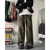 Riolio Trendy Leopard Print Jeans Man pants fasnion unisex American High Street Trousers Harajuku Style Baggy High Waist Casual Pants