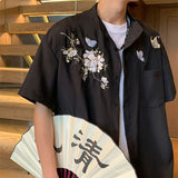 Riolio  Chinese Style Short Sleeved Shirt Summer Thin Version Trendy Brand with Butterfly Embroidery Loose Ice Silk Casual Wear