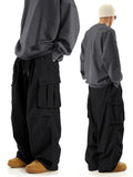 Riolio  Men Big Pocket Cargo Pants Elastic Drawstring Waist Loose Wide Leg Streetwear Casual Work Trousers