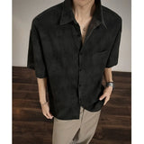 Riolio  Men Solid Color Turn Down Collar Short Sleeve Shirt Chest Pocket Loose Fit Textured Casual Button Up Top