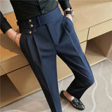 Riolio Spring Autumn Men High Waist Belt Design Casual Slim Formal Dress Pant Men Social Office Wedding Party Dress Suit Pants