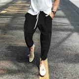 Riolio  Men's Striped Linen Blend Harem Pants Elastic Waist Drawstring Casual Trousers