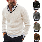 Riolio All Match Knitted Sweater, Men's Casual Vintage Warm High Stretch V Neck Pullover Sweater For Fall Winter Preppy