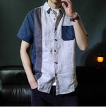 Riolio  Loose Summer Thin Spliced contrasting Color Short-sleeved Linen Shirt Retro Casual Cardigan