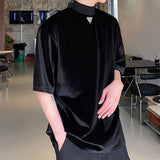 Riolio  Summer Velvet Stand-up Collar Short-sleeved Men's T-shirt Personality Triangle Logo Trend Loose Top Ruffian Handsome Retro