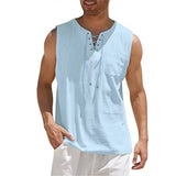 Riolio  Cotton Linen Shirts For Men Casual Solid Color Vest Lace Up Sleeveless Shirts V-Neck Tank Tops Baggy Shirt Male Lightweight Tees