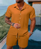 Riolio New style Summer Men's Fashion Beach Suit Outdoor Sports Casual Shirt Solid color Loose Short Sleeve Shorts Beach two-piece