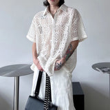 Riolio  Mens Shirts See-Through Sexy Casual Shirts Streetwear Fashion Vacation Breath Niche Short-Sleeved Tops Men'S Clothing New
