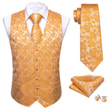 Riolio 4PC Mens Extra Silk Vest Party Wedding Gold Paisley Solid Floral Waistcoat Vest Pocket Square Tie Suit Set