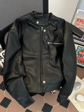 Riolio American Retro Pattern PU Leather Short Jacket Men Women Vintage Deconstructed Atmosphere Casual Couple Trendy High-end Jacket
