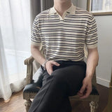 Riolio  Summer Breathable Short-sleeved Half-sleeved T-shirt for Stripes Men Fashionable New Korean Style Knitted Sweater Casual Collar