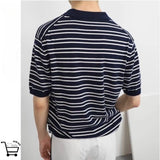 Riolio American summer high street men and women trendy striped lapel short sleeved couple loose hip-hop casual Harajuku T-shirt y2k