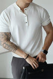 Riolio New Fashion American Style Men T-shirt Light Luxury Knitted Henry Collar Tees Casual Solid Color Short Sleeve Breathable Tops