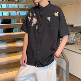 Riolio  Chinese Style Short Sleeved Shirt Summer Thin Version Trendy Brand with Butterfly Embroidery Loose Ice Silk Casual Wear