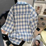 Riolio Men and women trendy retro checkered short sleeved embroidered shirt American summer couple loose casual short sleeved shirt Y2K