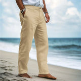 Riolio  Spring Men Straight Pants High Waist Linen Solid Color Casual Pants Breathable Comfortable Premium Beaches Daily Leisure Trouser