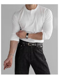Riolio  New American Fashion Men Henry Collar T-shirt Light Luxury Solid Color Long Sleeve Tops Leisure Light Business Basic Shirt M-3XL