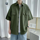 Riolio Working Pocket Solid Color Pure Cotton Short-sleeved Shirt Fashionable Summer Lapel Button Functional Half-sleeved Cardigan