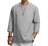 Riolio  Fashion New Men's V Neck 100% Cotton T-shirts Man Solid Color 3/4 Sleeves Split Button Tees Casual Loose T-Shirt For Male Tops