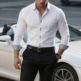 Riolio  Men's Solid Color Patchwork Long Sleeve Shirt Business Casual Slim Fit Button Tops