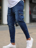 Riolio  New Fashion Multi Pockets Casual Trousers Slim Fit Wear Joggers Street Elastic Zipper Decoration Jeans Side Pockets Pencil Pants