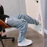 Riolio  Men's Trendy Cool Style Blue Denim Pants Baggy Wide Leg Streetwear Trousers Cross Star Sticker Embroidery Design Jeans Male