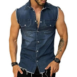 Riolio Lapel Sleeveless Vest Jacket Single-breasted Flap Pockets Tassel Men Summer Solid Color Denim Shirt Streetwear Show  Body Muscle
