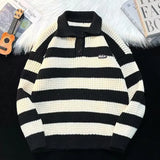 Riolio  American autumn and winter street fashion men and women collar striped sweater couple loose retro casual knitted Harajuku top