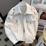 Riolio  Men Pu Jacket Motorcycle Biker Straps Metal Pu Jacket Streetwear Fashion Versatile Trendy Casual Long-Sleeve Tops Men'S Clothing