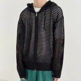 Riolio Men Knitted Jacket Polyester Fiber Jacket Stylish Men's Hip Hop Cardigan with Hollow Out Design Zipper Closure Long for Fall