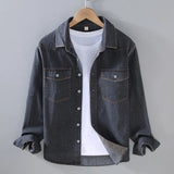 Autumn Mens Long Sleeve Denim Shirt Streetwear Vintage Cargo Jean Shirts Lapel Double Pockets Shirt Youth chemise homme