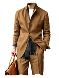 Riolio  Men's Linen Blend 2 Piece Suit Set Stand Collar Three Button Breathable Casual Blazer Pants For Business Daily Wear Summer