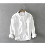 Riolio Spring and Autumn New Men Men's White Long Sleeve Shirt Pure Cotton Retro Style Button Up Pocket Male White Clothes Top