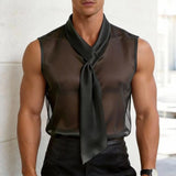 Riolio  Mens Mesh Sheer Satin Ribbon Sleeveless Vest Streetwear Fashion Nightclub Stage Niche Youth Tank Top Men'S Clothing New