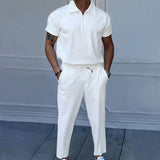 Riolio  Summer new European and American men's solid color suit lapel short sleeve zipper trouser suit