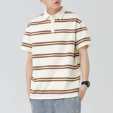 Riolio  Men Beige Black Striped Short Sleeve Polo Shirt Loose Casual Cotton Blend Summer Top