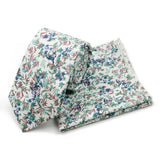 Riolio  Men's Floral Cotton Tie Pocket Handkerchief Set White Blue Woven Necktie Flower Leaves Pattern Wedding Party Accessories Gifts